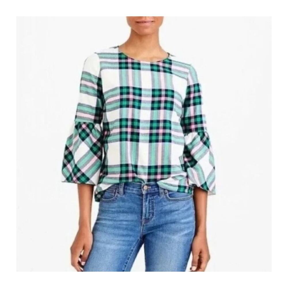 J Crew Mercantile Womans Plaid 3/4 Bell Sleeve Top Size 6